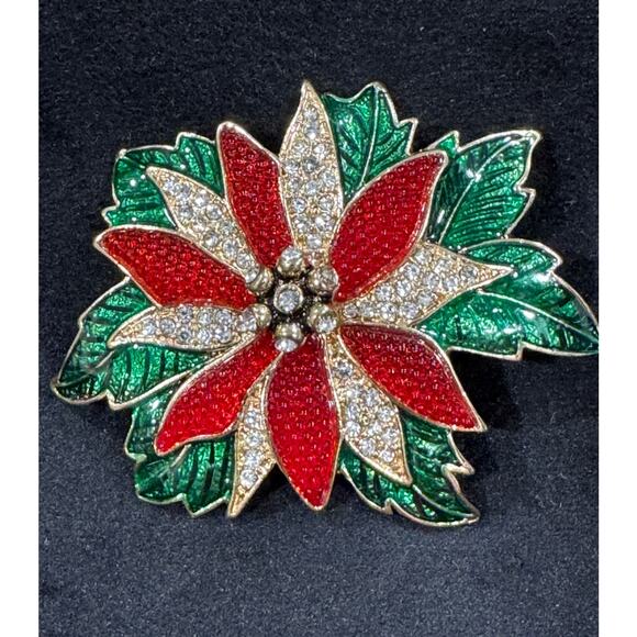 Napier Jewelry - Napier Poinsettia Brooch – Red Enamel & Clear Rhinestones Holiday Pin CP40